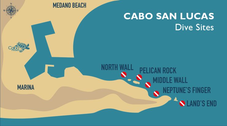 Dive sites map of Cabo San Lucas in Mexico