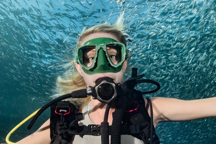 Scuba diver surrounded by a school of fish underwater
